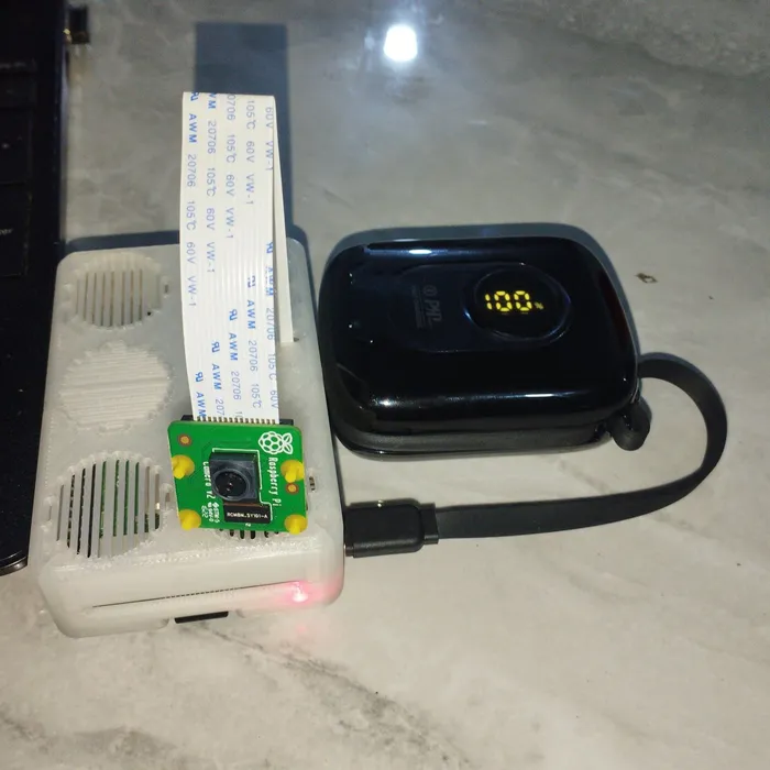 AI4Sight prototype: a Raspberry Pi camera module mounted on a 3D-printed case next to a power bank